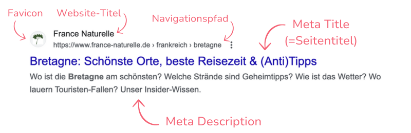 SERP Snippets: Geringer Aufwand, mehr Klicks 1 Beispiel für ein SERP Snippet mit Favicon, Website-Titel, Navigationspfad, Meta Title (=Seitentitel) und Meta Description