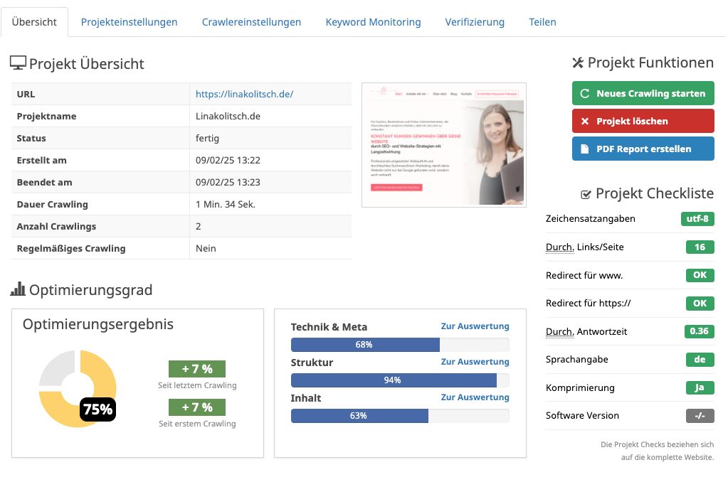 7 kostenlose SEO-Tools für bessere Google-Rankings 5 Screenshot vom Dashboard in Seobility, einem kostenlosen SEO-Tool